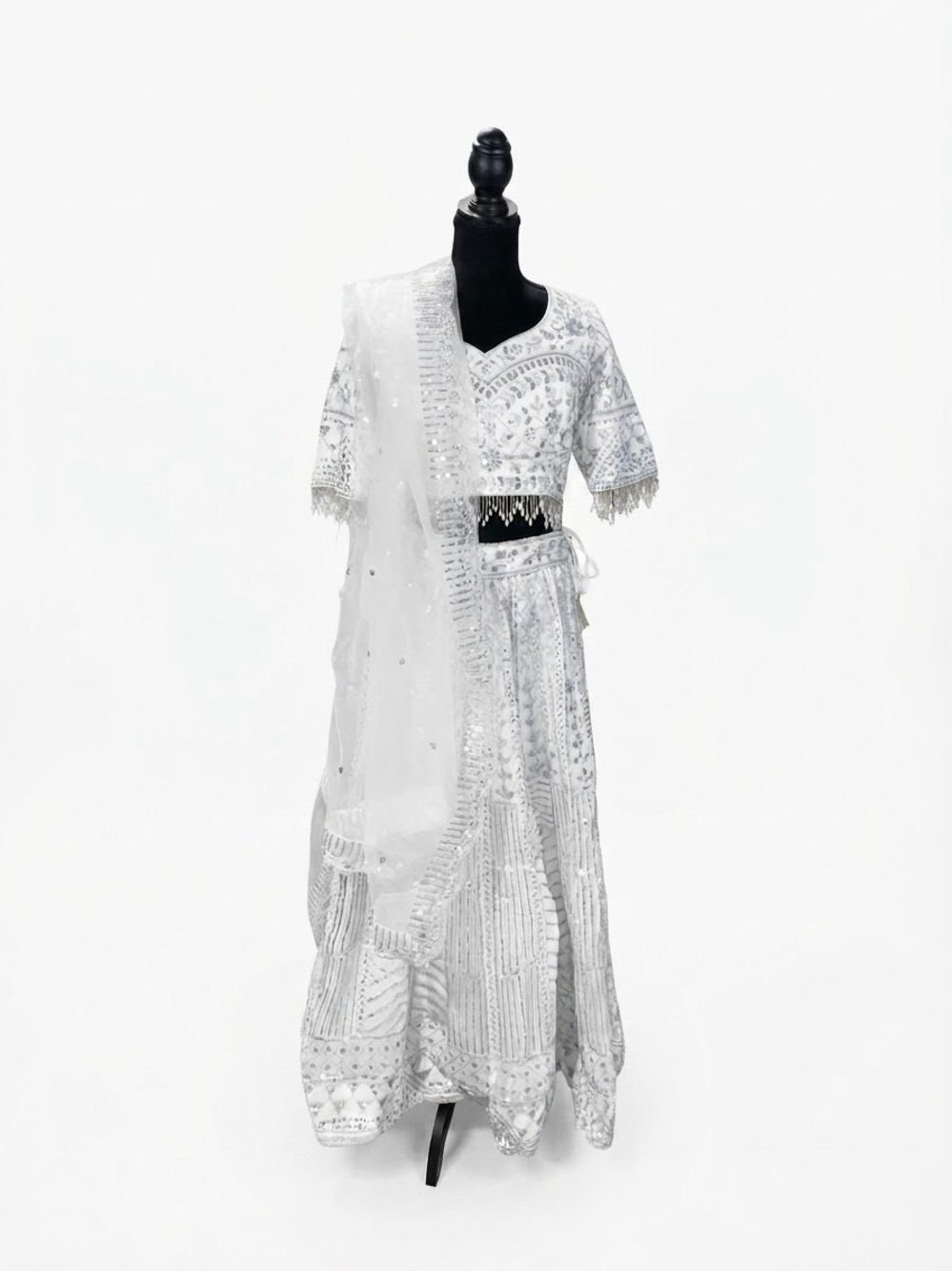 White Silver Embellished Bridal Georgette Net Lehenga Set - Picture 3 of 11
